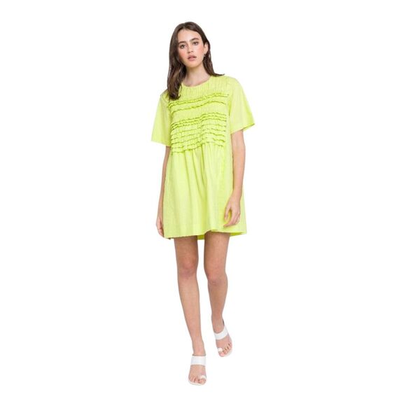 English Factory Highlighter Yellow Ruffle Babydoll Pockets Shirt Dress, XS - Picture 1 of 16